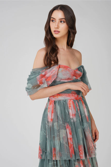 Sydney Tulle Maxi Dress in Sage Green Floral