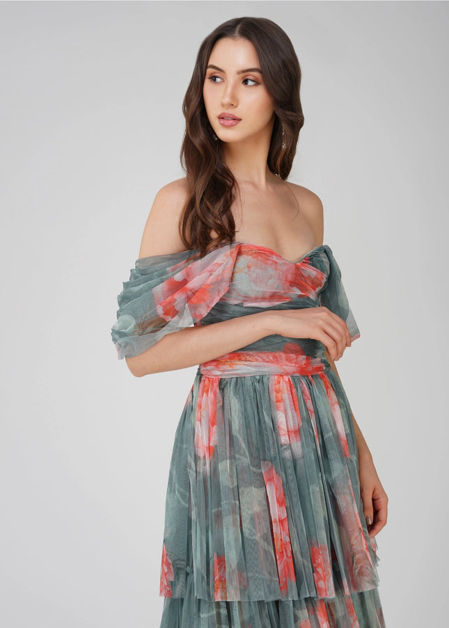 Sydney Tulle Maxi Dress in Sage Green Floral