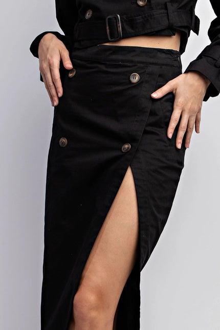 Woven Midi Skirt with Button Detail Black-SKIRT-EDIT by NINE-Urbanheer