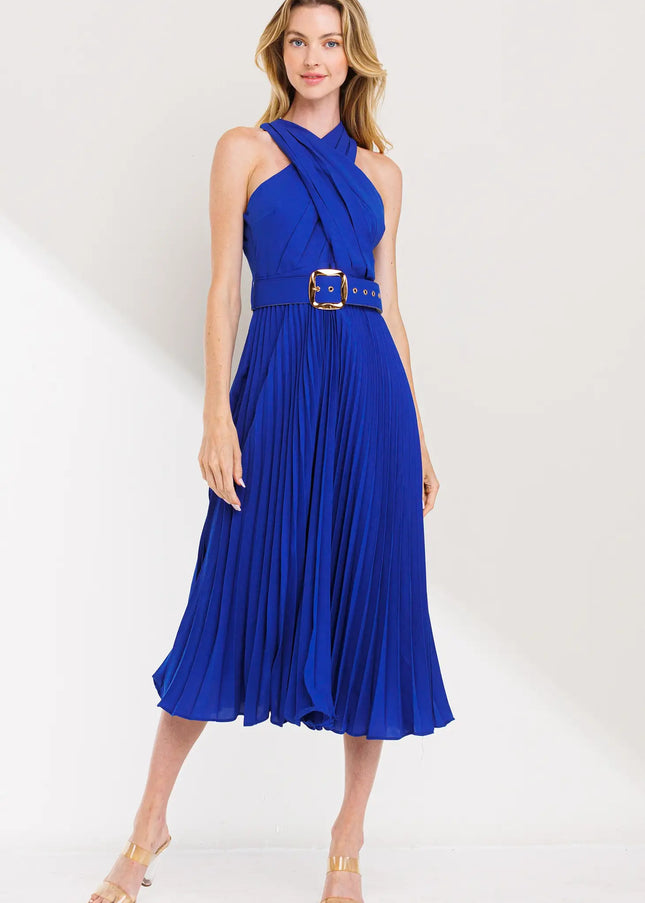 Cross Over Pleats Midi Dress- Blue-Clothing - Women-Neon Blush-S-Blue-Urbanheer