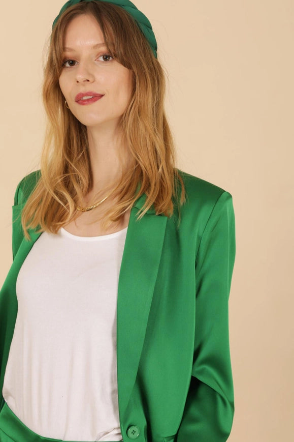 Oversized Plain Satin Jacket Green-Jacket-Attentif Paris-Urbanheer