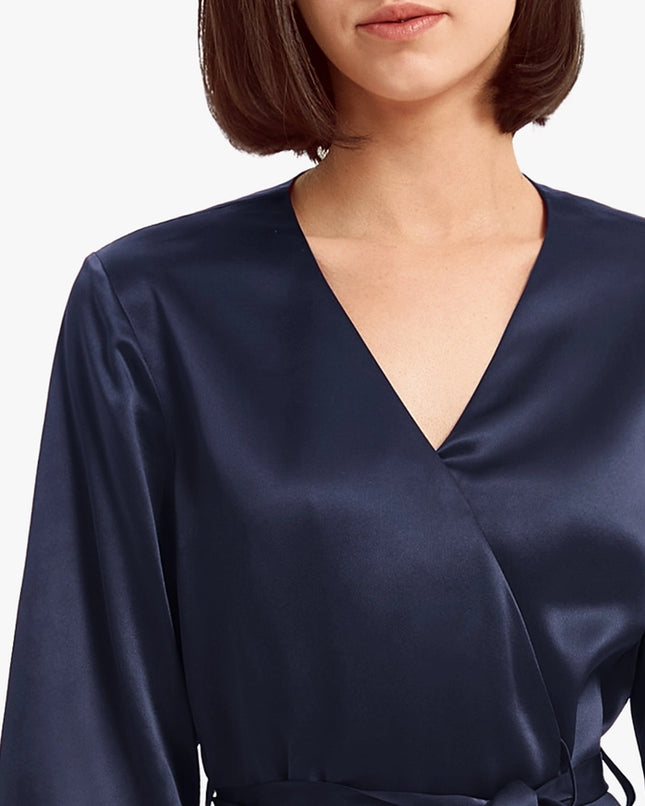 Loose Collarless Silk Navy Blue-Robe-MommeSilk-Urbanheer