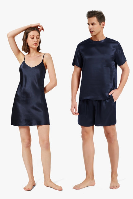 His & Hers Relaxed Silk Pajamas Navy Blue-Pajamas-MommeSilk-Urbanheer