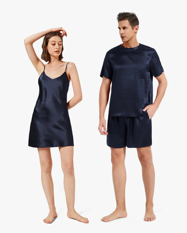 His & Hers Relaxed Silk Pajamas Navy Blue-Pajamas-MommeSilk-Urbanheer