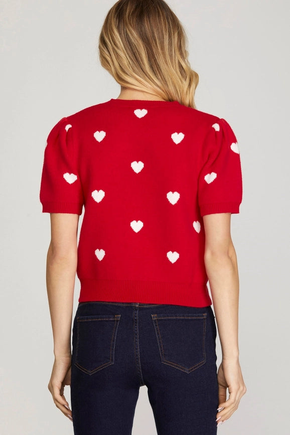 Short Puff Sleeve Heart Pattern Sweater Top