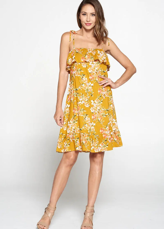 Floral Print Dress With Knot Strap And Ruffle-Renee C.-Urbanheer