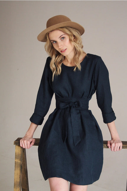 Navy Blue Linen Dress For Women Midi, Belted Dress-Dress-Nich Linen-XXS-Urbanheer