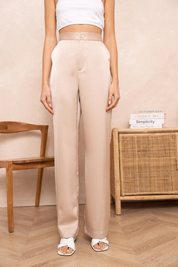 Satin Straight Cut Pants Beige-Pants-Attentif Paris-S-Urbanheer