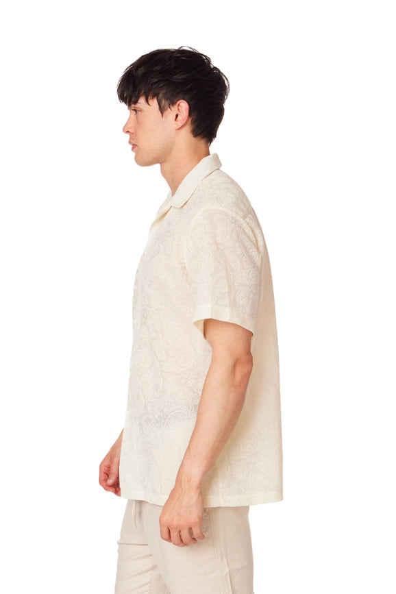 Crochet/Textured Short Sleeve Men's Shirt CREAM