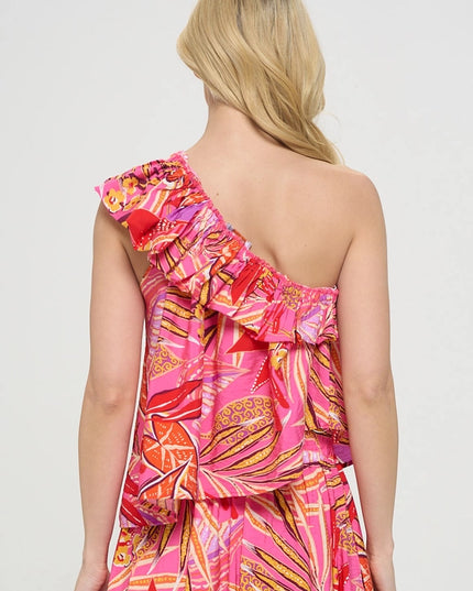 Tropical Leaf Print One Shoulder Top with Ruffle-TOP-Renee C.-Urbanheer