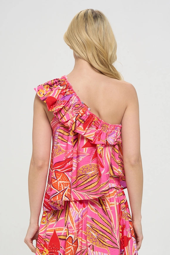 Tropical Leaf Print One Shoulder Top with Ruffle-TOP-Renee C.-Urbanheer