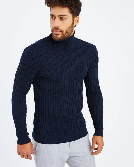 Men'S Knitted Fine Knit Turtleneck Pullover Blue-SWEATER-Leif Nelson GmbH-XXL-Urbanheer