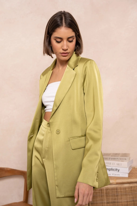 Satin Plain Fitted Jacket Olive-Jacket-Attentif Paris-Urbanheer