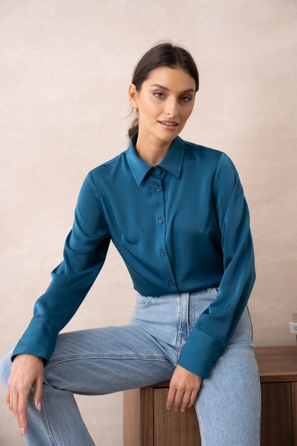 Plain Satin Shirt with Lapel Collar Duck Blue-SHIRT-Attentif Paris-Urbanheer