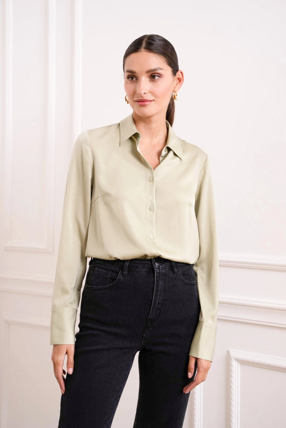 Plain Satin Shirt with Lapel Collar Water Green-SHIRT-Attentif Paris-Urbanheer