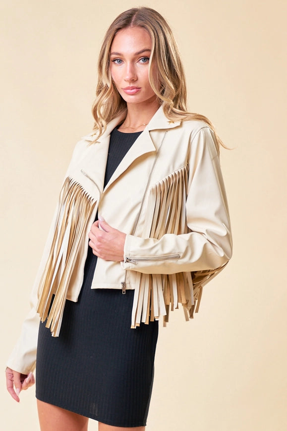 Cream Faux Leather Fringe Jacket with Gold Stars-Jacket-Saints & Hearts-Urbanheer