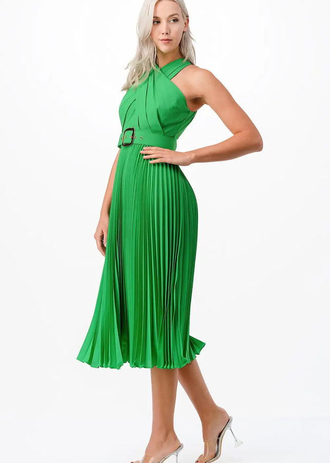 Cross Over Pleats Midi Dress- Green-Clothing - Women-Neon Blush-Urbanheer