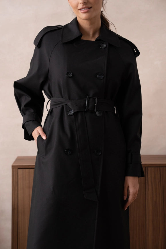 Long Trench Coat with Belt Black-COAT-Attentif Paris-Urbanheer