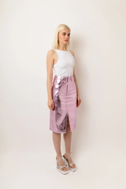 Lupe High Waist Metallic Knee Length Skirt Pink-Skirts-Amy Lynn-Urbanheer