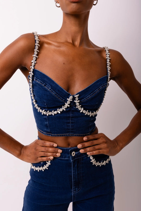 Raye Diamante Stretch Denim Top-TOP-Amy Lynn-Urbanheer