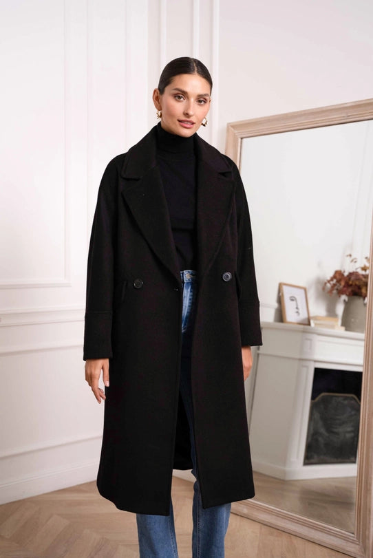 Oversized Plain Coat with Wool Black-COAT-Attentif Paris-Urbanheer