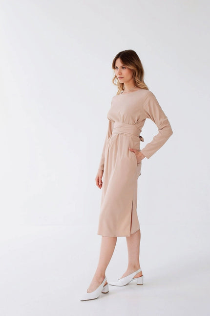 Wrap Linen Belted Beige Bridesmaid Dress For Women Midi-Dress-Nich Linen-Urbanheer