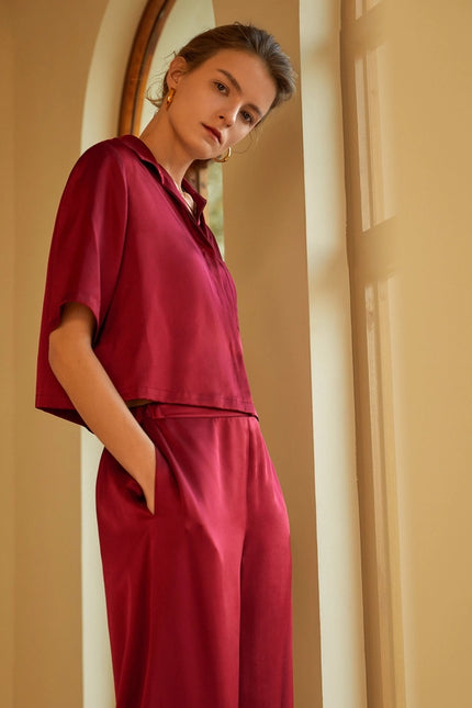 Short Sleeve Silk Pajamas Claret-Pajamas-MommeSilk-Urbanheer