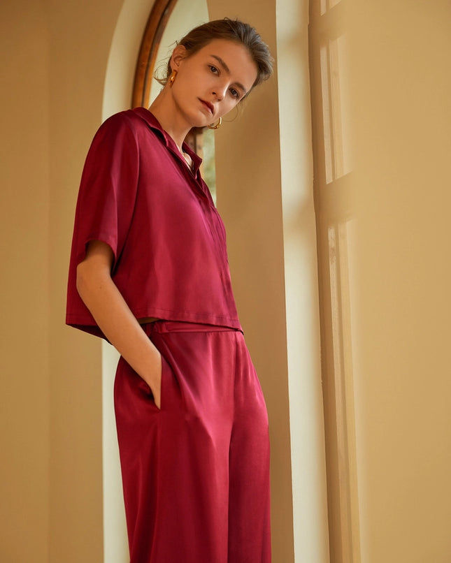 Short Sleeve Silk Pajamas Claret-Pajamas-MommeSilk-Urbanheer