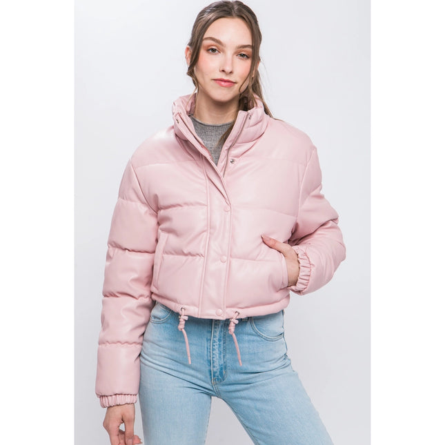 Faux Leather Puffer Jacket Pink-Jacket-Faith Apparel-S-Pink-Urbanheer