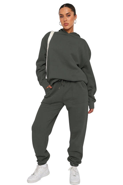 Solid Color Hooded Long Sleeve Sweater and Casual Trousers Suit-Suits-Blak Wardrob-S-Dark Grey-Urbanheer