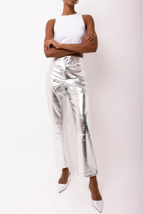 Lupe Straight Faux Leather Metallic Pants SILVER-Pants-Amy Lynn-Urbanheer