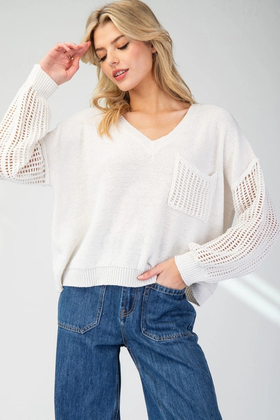 Open Knit Long Sleeve Sweater Top OFF WHITE