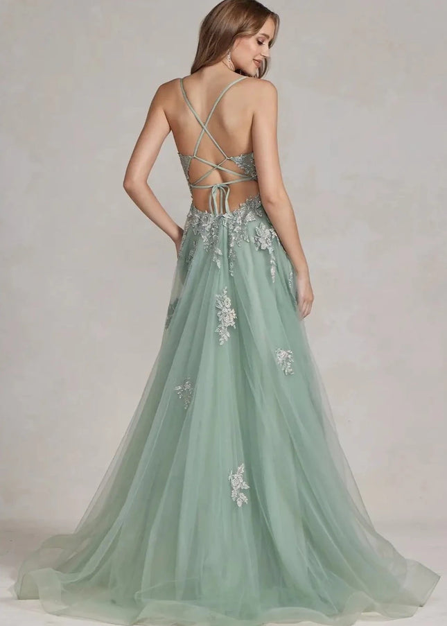 Embroidered Plunging V-Neck Prom Gown-Clothing - Women-Nox Anabel-Urbanheer