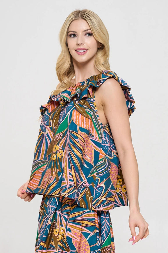 Tropical Leaf Print One Shoulder Top with Ruffle Blue/Orange-TOP-Renee C.-Urbanheer