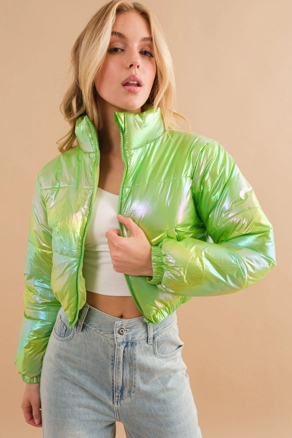 Windbreaker Metallic Puffer Crop Zip Up Jacket Lime-Jacket-Blue B-Urbanheer