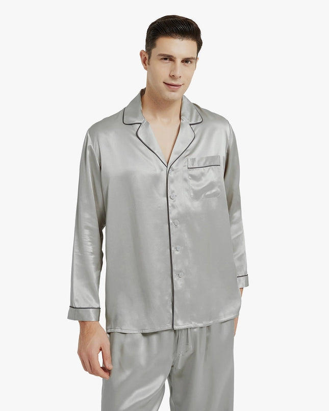 Piped Silk Pajamas - For Men Silver Gray-Pajamas-MommeSilk-Urbanheer