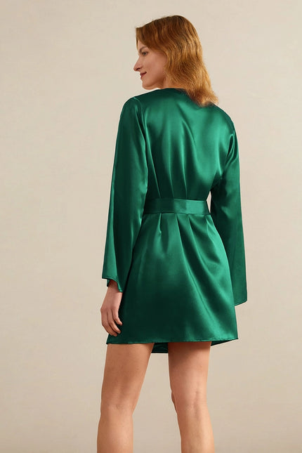 Loose Collarless Silk Emerald Green-Robe-MommeSilk-Urbanheer