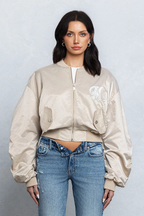 Satin Zipper Bomber Jacket W/ Pu Patch Embroidery Taupe-Jacket-No Vacancy-S-Urbanheer