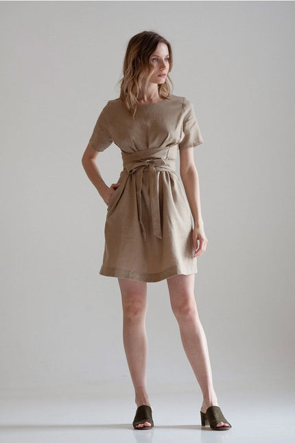 Beige Tie Belt Wrap Linen Bridesmaid Dress For Woman Mini-Dress-Nich Linen-Urbanheer