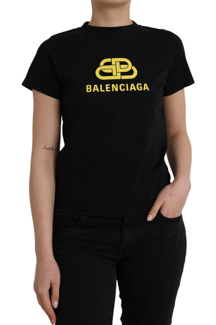 Balenciaga Black Cotton Logo Print Crew Neck Short Sleeves T-shirt