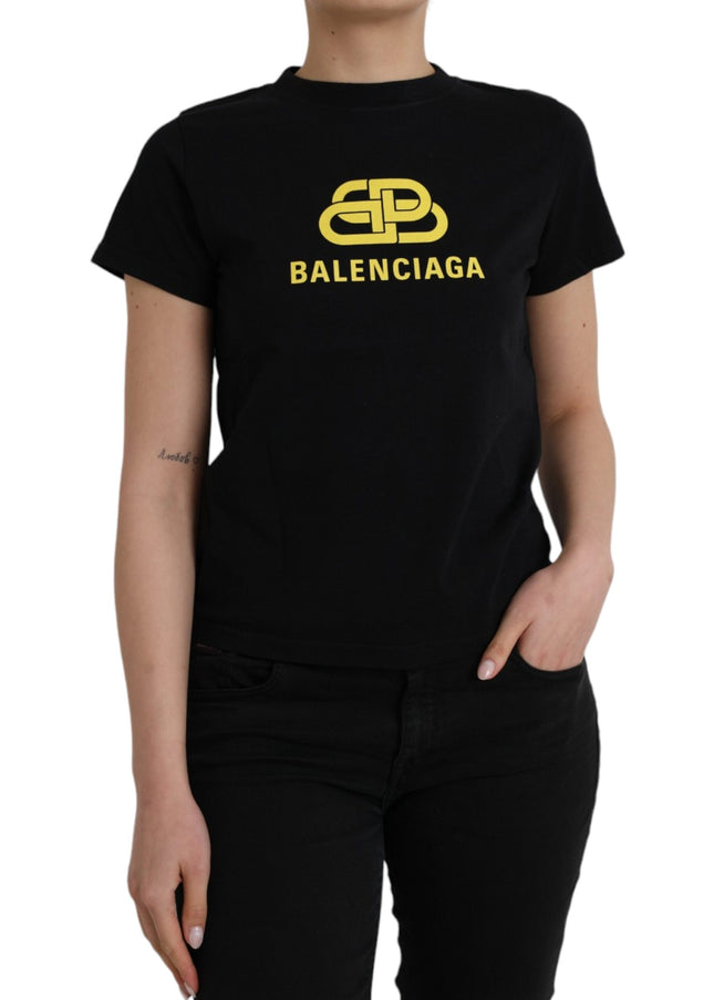 Balenciaga Black Cotton Logo Print Crew Neck Short Sleeves T-shirt