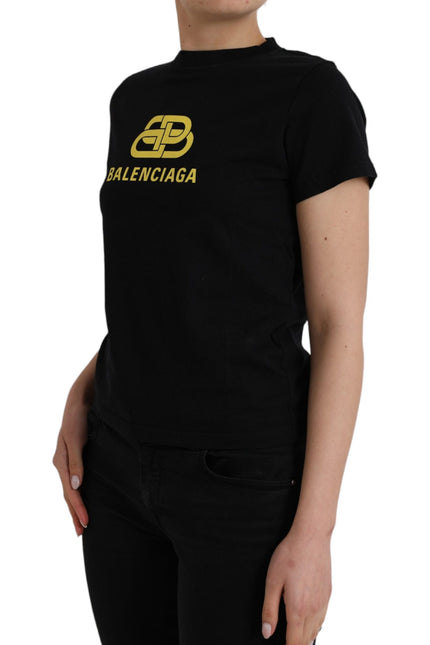 Balenciaga Black Cotton Logo Print Crew Neck Short Sleeves T-shirt