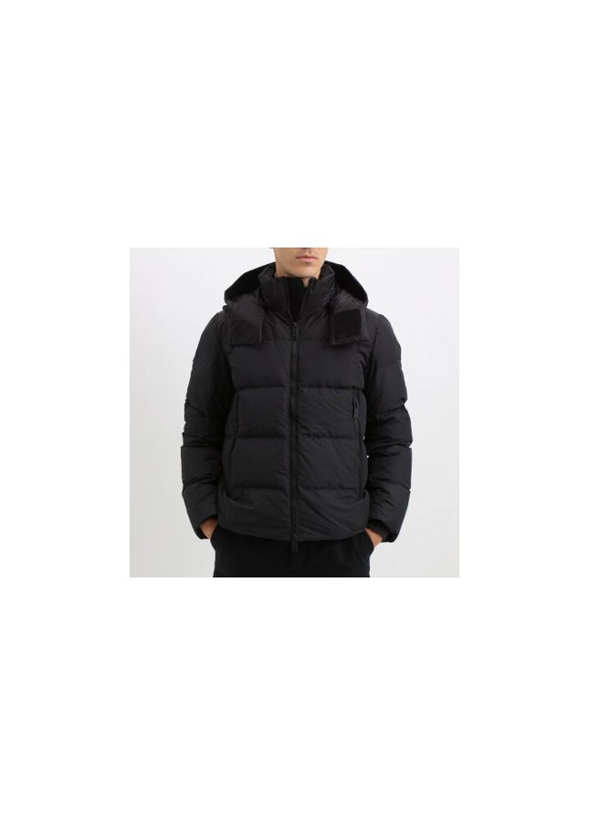 Add Black Polyester Men Jacket with Detachable Hood