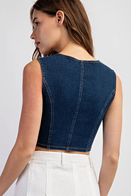 Stretch Denim Sleeveless Button Crop Top-Top-EDIT by NINE-Urbanheer