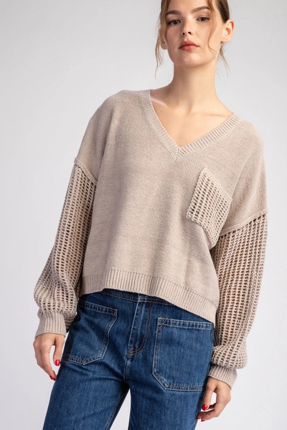 Open Knit Long Sleeve Sweater Top OATMEAL