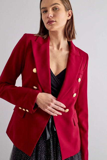 Timeless Fitted Blazer Jacket with Gold Double-Breasted Buttons Bordeaux-Jacket-Attentif Paris-S-Urbanheer