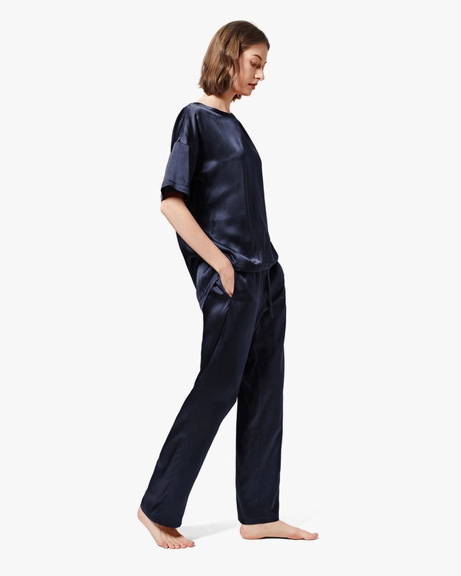 Sunday Morning Silk Pajamas Navy Blue-Pajamas-MommeSilk-Urbanheer