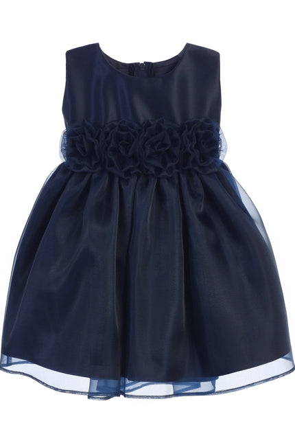 Satin w/ Organza & Hand Rolled Flowers Infant Dress-Dress-Sweet Kids, Inc.-Navy-S (6mths)-Urbanheer