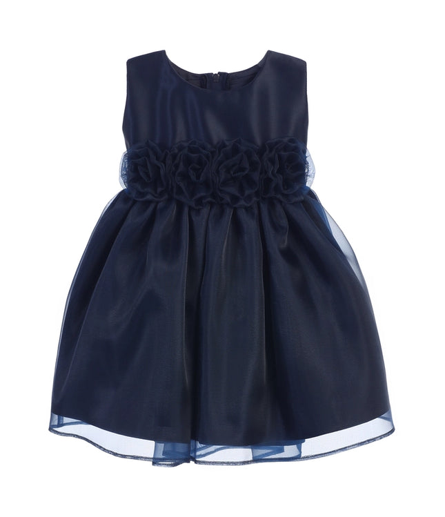 Satin w/ Organza & Hand Rolled Flowers Infant Dress-Dress-Sweet Kids, Inc.-Navy-S (6mths)-Urbanheer