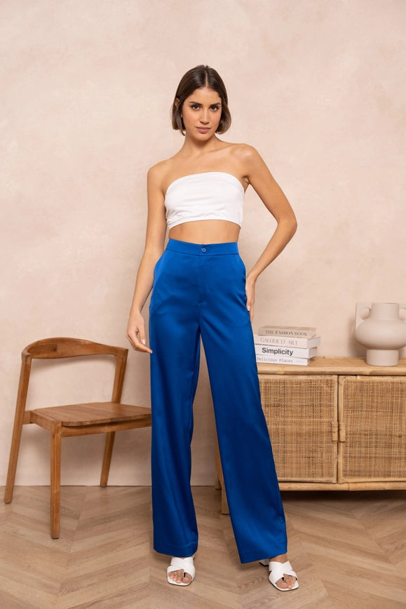 Satin Straight Cut Pants Royal Blue-Pants-Attentif Paris-Urbanheer